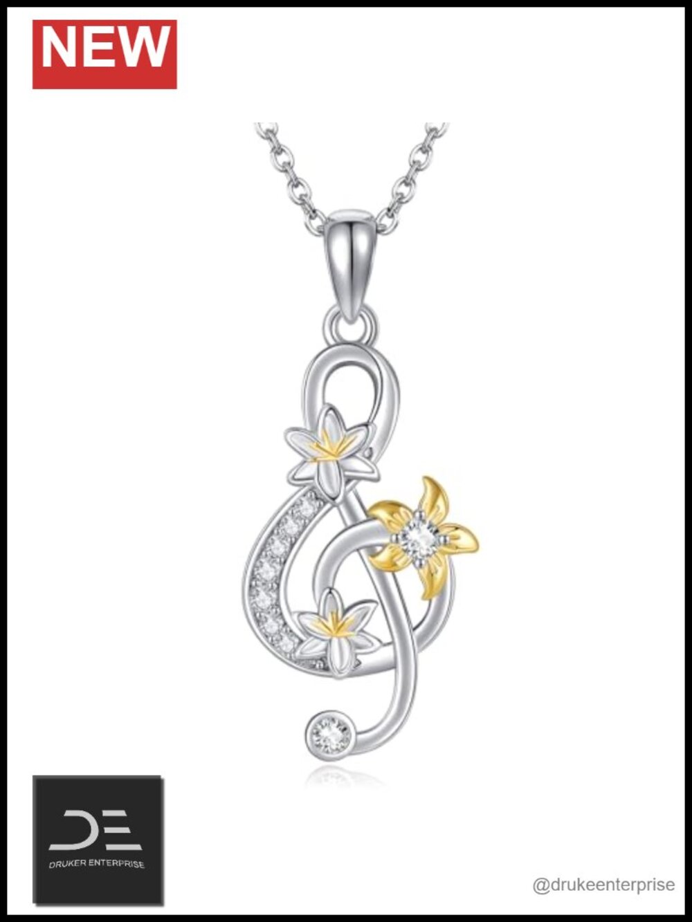 Lily Flower Music Note Pendant Necklace Sterling Silver 18+2 Inch
